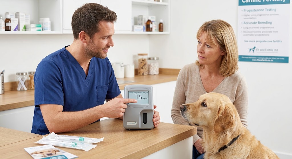 Vet technician explaining a handheld testing device to a woman with a golden retriever at the clinic desk