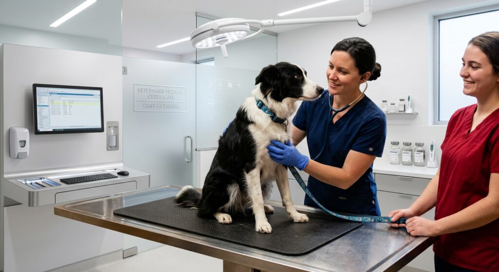 Black and white dog standing on an examination table held by a vet, with a nurse smiling beside them