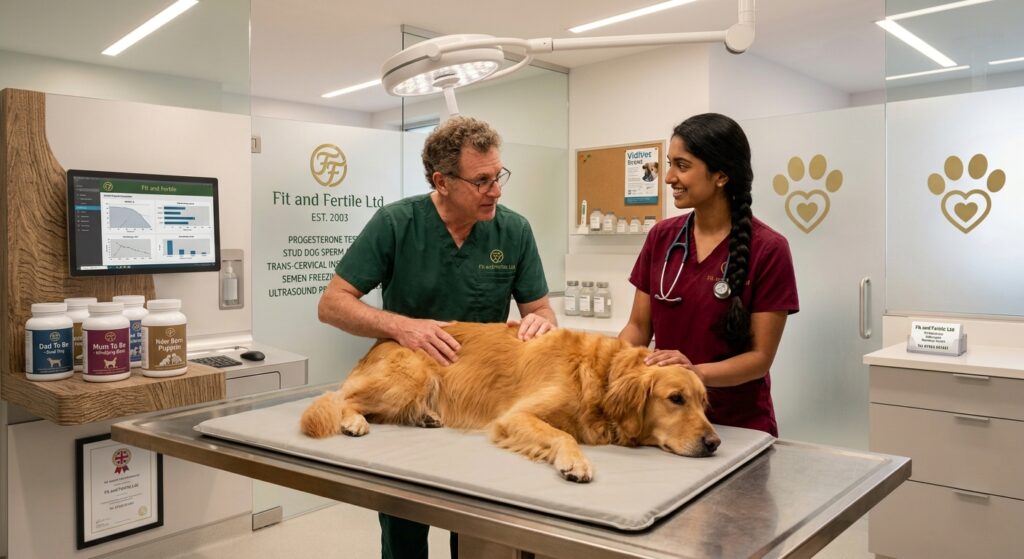 Golden retriever lying on an examination table with a vet and a nurse beside it in the clinic